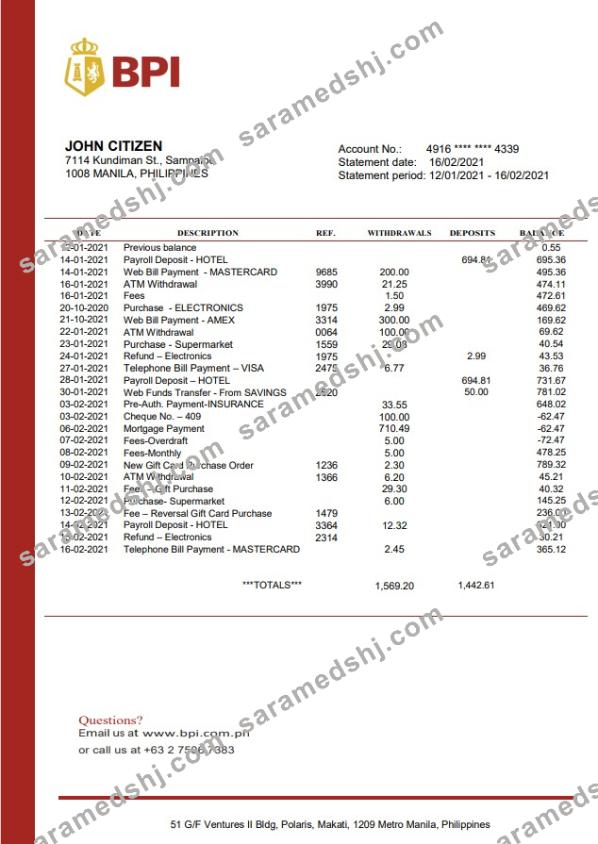 Philippines Bank of the Philippine Islands proof of address bank statement template in Word and PDF format